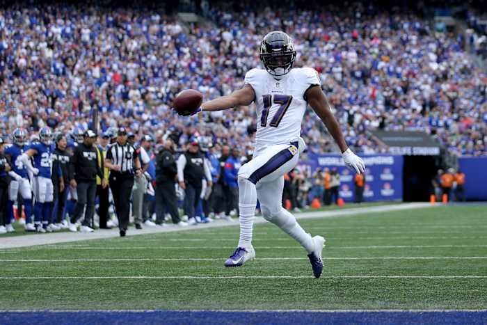 Oct 16, 2022; East Rutherford, New Jersey, USA; Baltimore Ravens running back Kenyan Drake (17) scores a touchdown against the New York Giants during the second quarter at MetLife Stadium. Mandatory Credit: Brad Penner-USA TODAY Sports